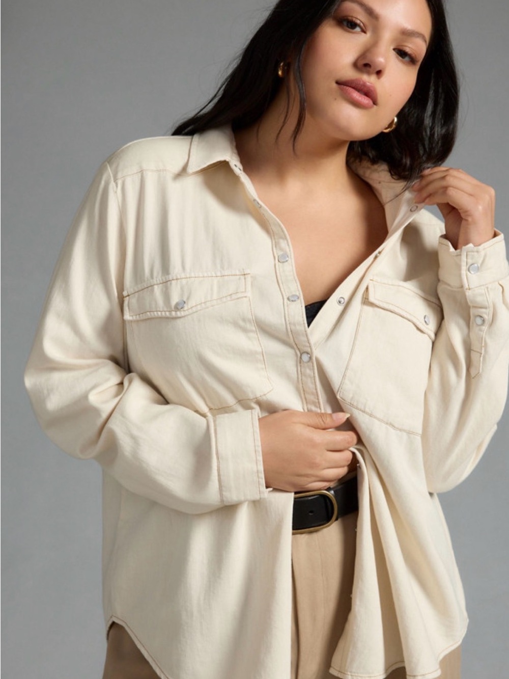 Pilcro Cream Button-Front Oversized Shirt Jacket